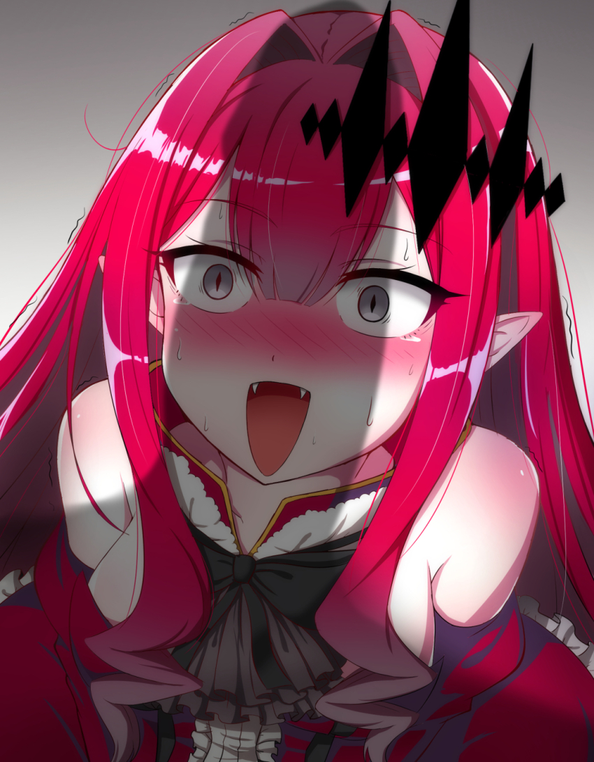 1boy 1girl baobhan_sith_(fate) baobhan_sith_(first_ascension)_(fate) bare_shoulders breasts center_frills diamond_hair_ornament dress embarrassed fangs fate/grand_order fate_(series) frills gradient_background grey_background grey_eyes hetero highres jaw_drop open_mouth penis_awe penis_shadow pointy_ears red_dress red_hair sidelocks solo_focus sotomichi surprised tearing_up tiara trembling
