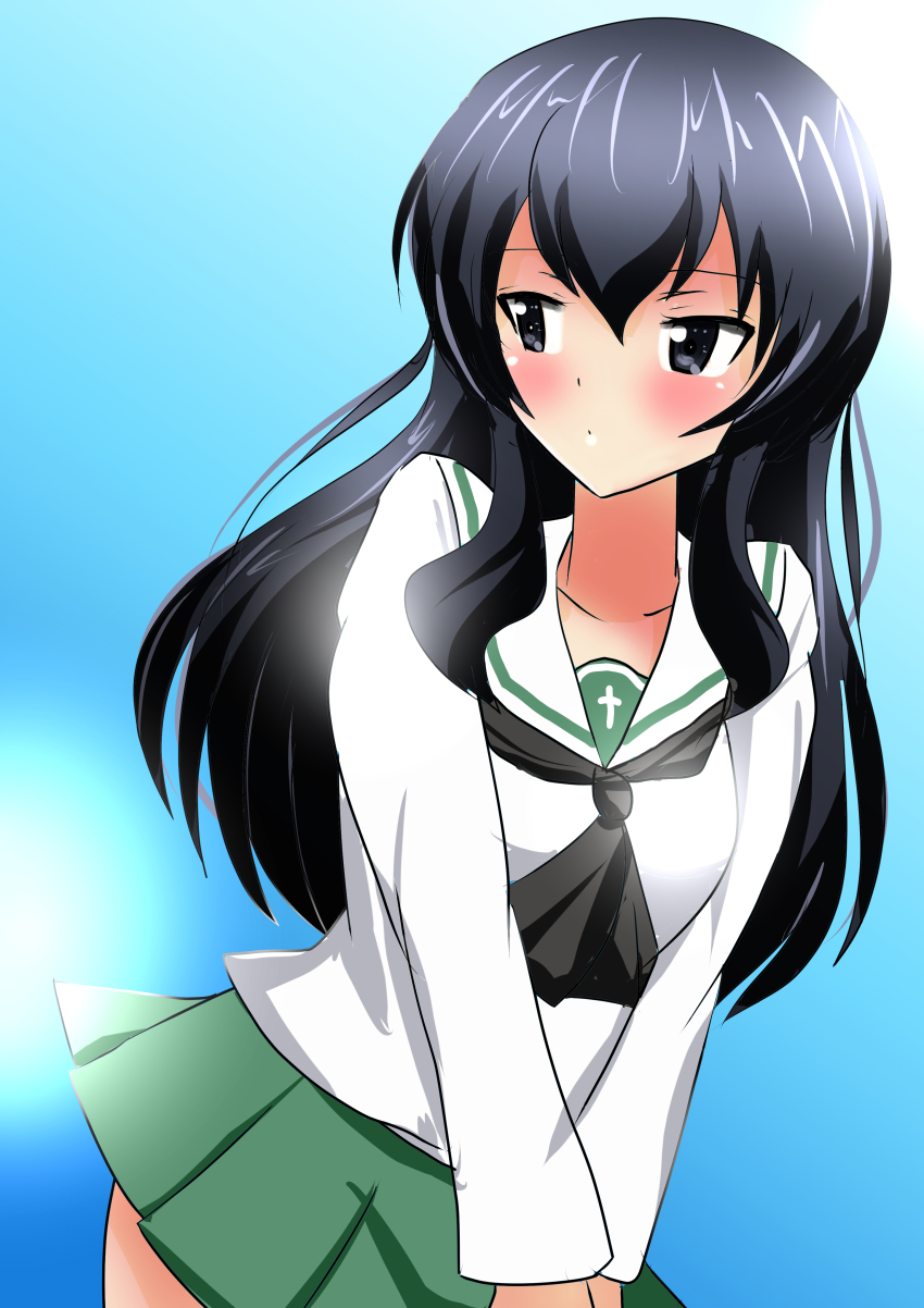1girl absurdres alternate_costume black_scarf blue_eyes blue_hair blue_sky blush breasts eclair_(girls_und_panzer) girls_und_panzer girls_und_panzer_gekitou!_maginot-sen_desu!! green_skirt highres long_hair miniskirt ooarai_school_uniform own_hands_together scarf school_uniform serafuku shadow2020 skirt sky white_serafuku