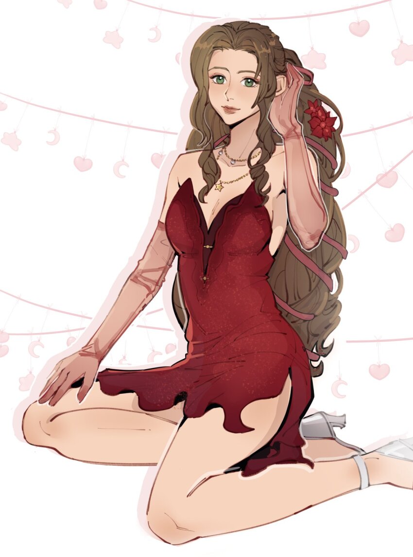 1girl aerith_gainsborough aerith_gainsborough_(red_dress) alternate_gloves alternate_skirt_length bare_shoulders breasts cleavage dress final_fantasy final_fantasy_vii final_fantasy_vii_remake flamenco_dress flower green_eyes hair_flower hair_ornament hair_ribbon hand_in_own_hair hand_on_own_leg high_heels highres jewelry kneeling long_hair looking_at_viewer medium_breasts necklace official_alternate_costume parted_bangs pink_ribbon ponytail pudelmudel red_dress red_flower ribbon see-through_clothes see-through_sleeves short_dress sidelocks solo star_(symbol) star_necklace strapless strapless_dress wall_market wavy_hair white_footwear