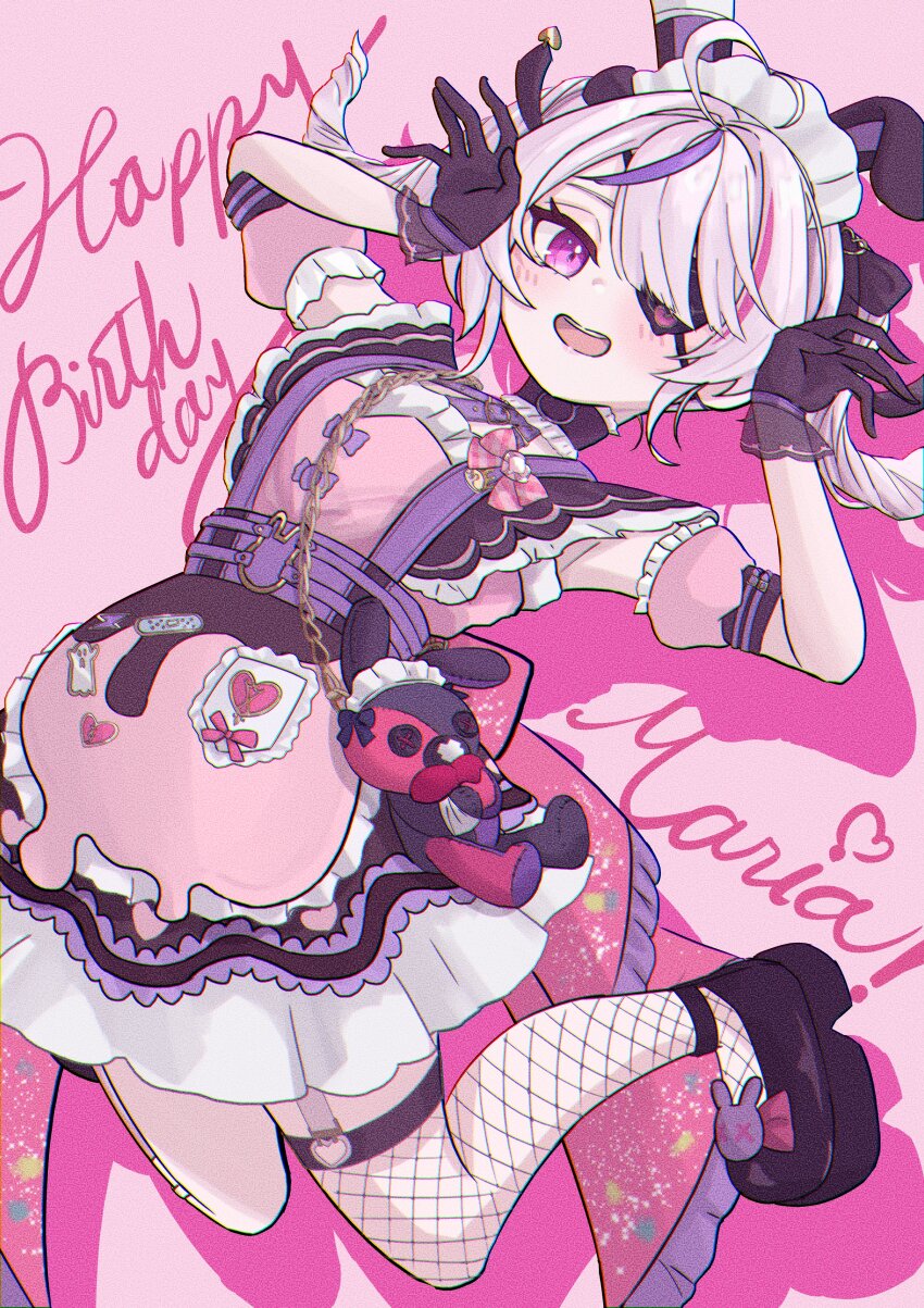 1girl absurdres ahoge animal_ear_hairband animal_ears apron arms_up asymmetrical_legwear black_gloves bow chest_harness detached_sleeves dontsu dress eyepatch fake_animal_ears fishnet_thighhighs fishnets frilled_apron frilled_dress frills garter_straps gloves hair_bow hairband harness heart heart_ahoge highres lace lace-trimmed_gloves lace_trim maid maid_apron maid_headdress maria_marionette mary_janes multicolored_hair nijisanji nijisanji_en one_eye_covered open_mouth parted_bangs pink_eyes pink_hair shoes single_thighhigh solo streaked_hair stuffed_toy suspenders teeth thighhighs twintails unconventional_maid upper_teeth_only virtual_youtuber
