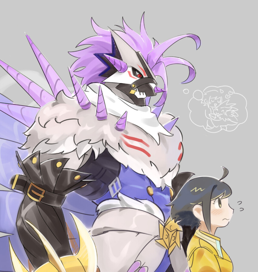 belt black_hair blonde_hair digimon digimon_(creature) drill female_protagonist_(digimon_rearise) highres rasenmon rasenmon_(anniversary_ver.) short_hair spikes