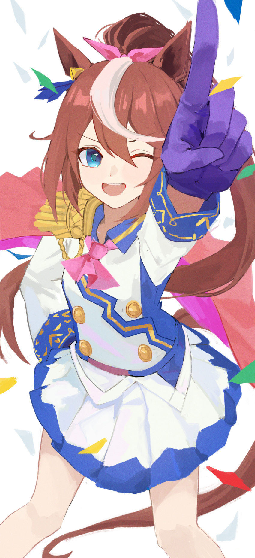 1girl absurdres animal_ears blue_eyes brown_hair dress haimaotuanzi highres horse_ears horse_girl long_hair looking_at_viewer neckerchief one_eye_closed open_mouth pink_neckerchief statue teeth tokai_teio_(umamusume) umamusume upper_teeth_only very_long_hair white_background