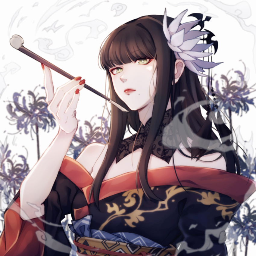1girl bare_shoulders black_hair blue_flower blue_spider_lily detached_collar female_focus final_fantasy final_fantasy_xiv flower green_eyes hair_flower hair_ornament highres holding holding_smoking_pipe japanese_clothes kimono lips lipstick long_hair lyra-kotto makeup nail_polish obi red_lips red_nails sash smoke smoking_pipe solo spider_lily upper_body yotsuyu_goe_brutus