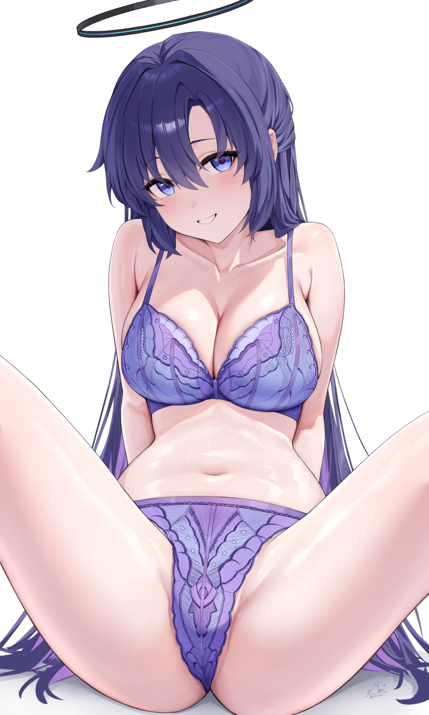 1girl absurdres blue_archive bra breasts cleavage collarbone commentary_request halo highres long_hair mechanical_halo navel panties purple_bra purple_eyes purple_hair purple_panties rosumerii simple_background smile solo spread_legs stomach thighs underwear underwear_only very_long_hair white_background yuuka_(blue_archive)