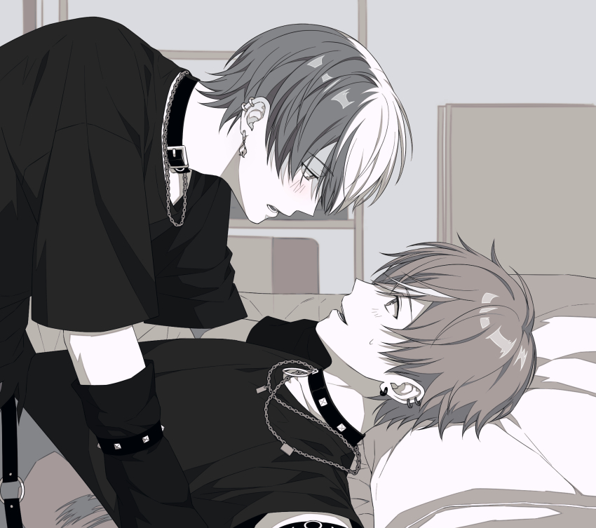 2boys aoyagi_touya arm_support bed blush collar commentary crew_neck detached_sleeves ear_piercing earrings eye_contact greyscale hashtag-only_commentary highres jewelry looking_at_another lying male_focus monochrome multicolored_hair multiple_boys multiple_earrings necklace nervous_sweating on_back open_mouth piercing project_sekai ray_(lthenray) shinonome_akito shirt short_sleeves split-color_hair streaked_hair studded_collar sweat t-shirt yaoi