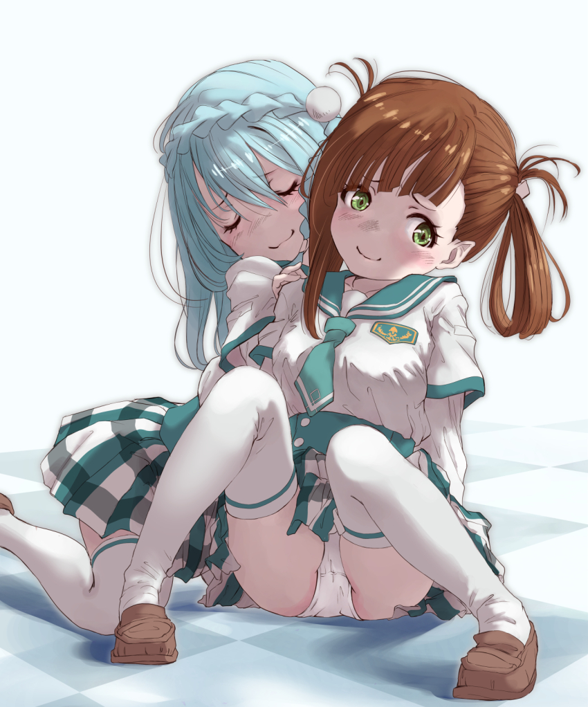 2girls awane_kokoro blue_hair blush breasts brown_hair closed_eyes closed_mouth green_eyes groin highres kagami_masara kneehighs loafers long_hair magia_record:_mahou_shoujo_madoka_magica_gaiden mahou_shoujo_madoka_magica marutaya medium_breasts miniskirt multiple_girls panties ribbon sailor sailor_collar shoes simple_background skirt socks spread_legs underwear