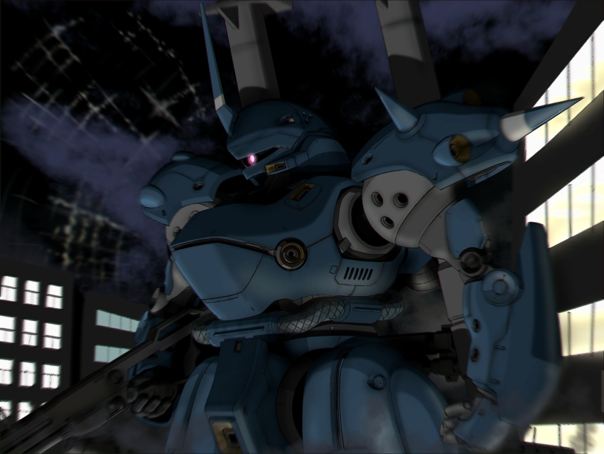absurdres aron_e commentary_request gundam gundam_0080 highres kampfer_(mobile_suit) machinery mecha mecha_focus mobile_suit night no_humans o&#039;neill_cylinder one-eyed robot science_fiction space_habitat weapon window zeon