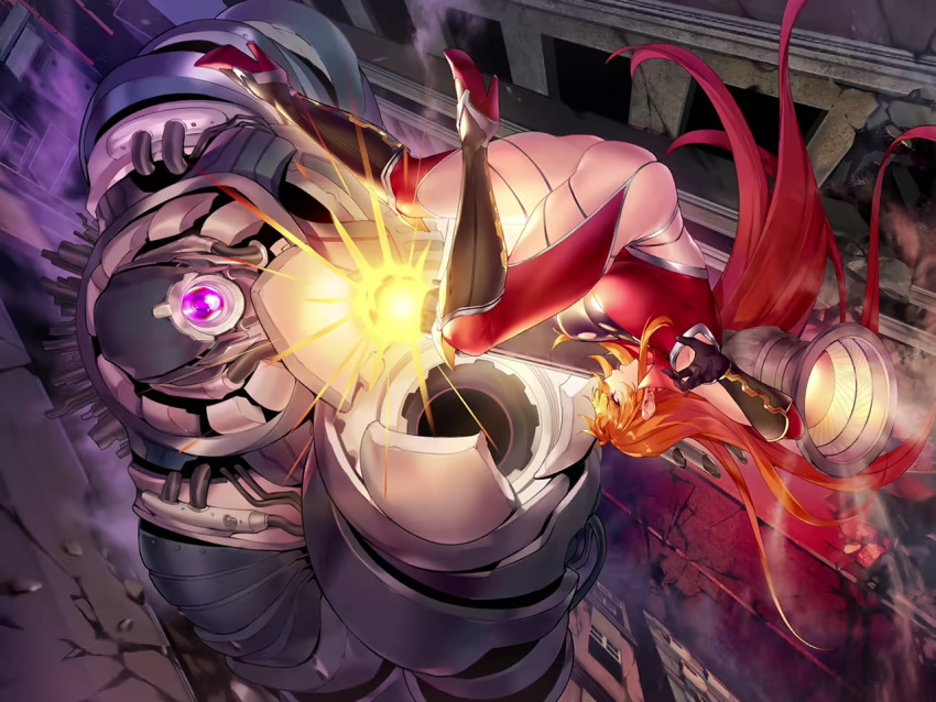 1girl 1other action_taimanin ass attack bazooka boots breasts clothes_lift curvy dress explosion fighting floating_hair full_body game_cg highleg highleg_panties kamimura_maika large_breasts lilith-soft long_hair looking_at_another panties pelvic_curtain pelvic_curtain_lift purple_eyes red_dress revealing_clothes robot sian skindentation smile string_panties taimanin_(series) taimanin_asagi thick_thighs thighs thong underwear very_long_hair weapon wide_hips