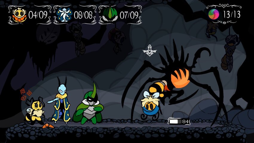 1girl 2boys 3others angry animal_print ant_guard_(bug_fables) antennae arrow_(symbol) arthropod_boy arthropod_girl bee bee_wings beetle black_eyes black_fur blank_eyes blue_hat blue_skin blue_wings boomerang boss_fight bound bug bug_fables calligraphy_brush chert44471361 cloak colored_skin commentary confused cordyceps corpse crossover cuirass death disguise elbow_pads furry gameplay_mechanics green_skin grey_helmet hand_on_own_face hanging hashtag-only_commentary hat health_bar helmet highres holding_boomerang hollow_knight horns insect insect_wings jaune_(bug_fables) kabbu_(bug_fables) knee_armor knee_pads leg_armor leif_(bug_fables) moth moth_wings multiple_boys multiple_others neck_fur nosk_(hollow_knight) paintbrush primal_aspid_(hollow_knight) sad single_horn spines spoilers stalking_devout_(hollow_knight) standing stinger swirl tied_up_(nonsexual) underground vi_(bug_fables) wings yellow_fur