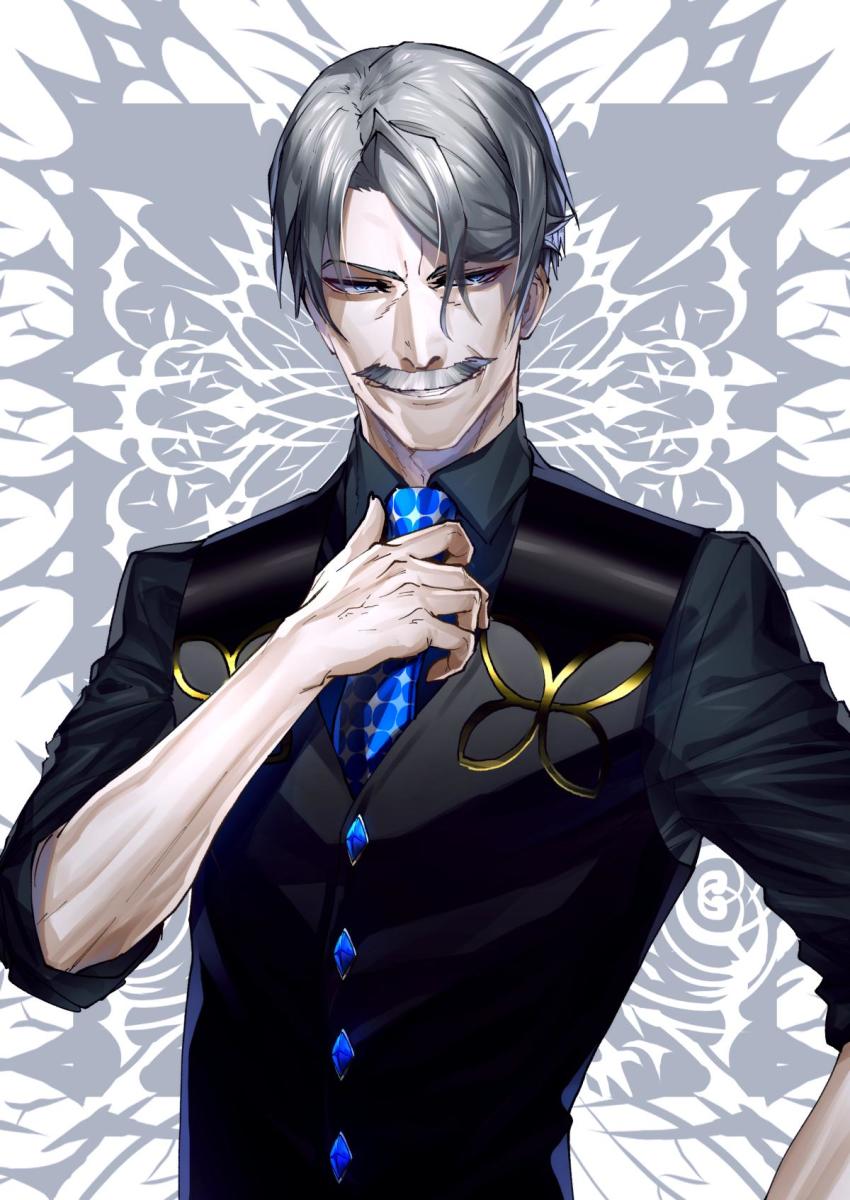 1boy black_shirt black_vest blue_necktie facial_hair fate/grand_order fate_(series) grey_hair hand_up highres james_moriarty_(archer)_(fate) james_moriarty_(gray_collar)_(fate) looking_at_viewer male_focus mustache necktie shirt simple_background solo standing suzuki_rui upper_body vest