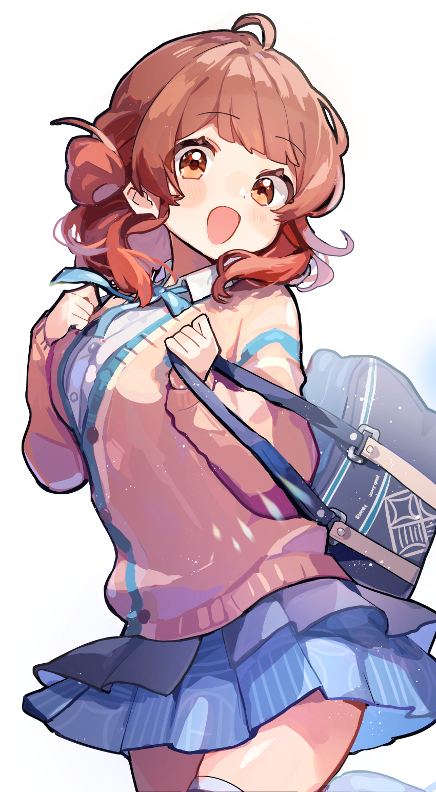 1girl :d absurdres ahoge bag blue_bag blue_ribbon blue_skirt blush brown_eyes brown_hair cardigan clenched_hands collared_shirt dot_nose gakuen_idolmaster gradient_hair hanami_ume hand_on_own_chest hands_up highres holding holding_bag idolmaster long_sleeves looking_at_viewer medium_hair miniskirt multicolored_hair open_mouth pink_cardigan pleated_skirt red_hair ribbon shirano_akihiro shirt shoulder_bag skirt smile solo standing standing_on_one_leg thighhighs three_quarter_view turning_head two-tone_hair white_background white_shirt white_thighhighs zettai_ryouiki