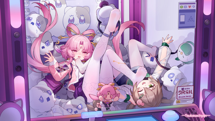 2girls ;d blue_shorts blush brown_hair character_doll floating_hair fu_xuan_(honkai:_star_rail) green_eyes highres honkai:_star_rail honkai_(series) in_crane_game jacket long_hair multiple_girls no_shoes one_eye_closed open_mouth pantyhose pink_eyes pink_hair pink_jacket purple_skirt qingque_(honkai:_star_rail) shorts skirt smile tsubasa_tsubasa twintails very_long_hair white_pantyhose