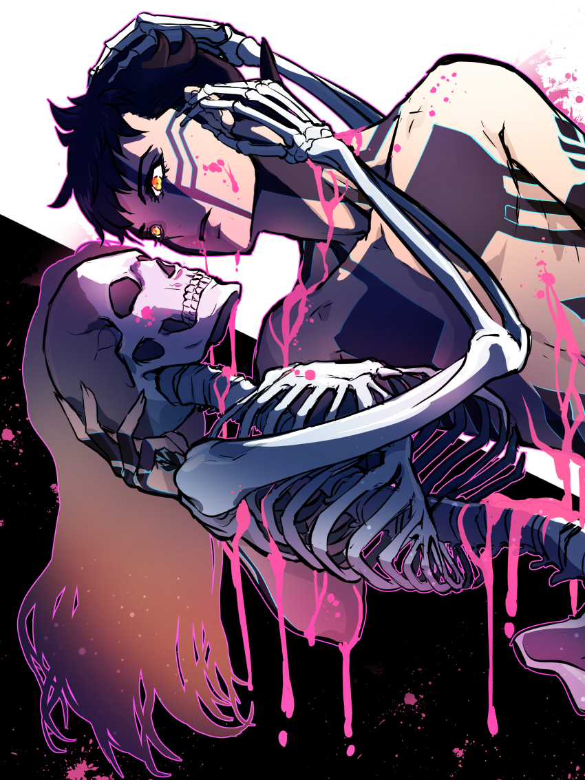 1boy 1girl absurdres black_background black_hair blood blood_drip blood_from_mouth blood_on_body blood_on_face blood_splatter body_markings bone brown_hair demi-fiend full-body_tattoo glowing glowing_eyes hand_on_another&#039;s_face hand_on_another&#039;s_head hetero highres horns long_hair moking999 pink_blood shin_megami_tensei shin_megami_tensei_iii:_nocturne short_hair single_horn skeleton skull tachibana_chiaki_(megami_tensei) tattoo topless_male two-tone_background white_background yellow_eyes