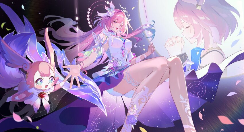 2girls absurdres blue_eyes cyrene_(aedes_elysiae)_(honkai:_star_rail) cyrene_(honkai:_star_rail) cyrene_(ripples_of_past_reverie)_(honkai:_star_rail) dress flower full_moon hair_flower hair_ornament halo highres honkai:_star_rail honkai_(series) jtsl0 long_hair looking_at_viewer mem_(honkai:_star_rail) moon multiple_girls on_swing pink_hair purple_eyes reaching reaching_towards_viewer shorts shorts_under_dress star-shaped_pupils star_(symbol) swing symbol-shaped_pupils thighs very_long_hair white_dress white_shorts