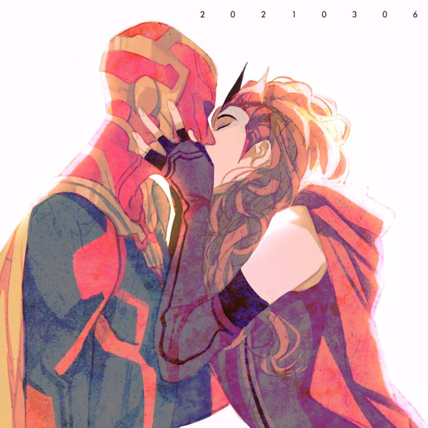 1boy 1girl bare_shoulders black_gloves bodysuit cape closed_eyes colored_skin couple detached_sleeves dress fingerless_gloves fingernails gloves green_bodysuit grey_dress hands_on_another&#039;s_face hands_up hetero highres kiss long_hair long_sleeves luoman19921 marvel marvel_cinematic_universe mask multicolored_skin orange_hair red_cape red_mask red_skin scarlet_witch simple_background standing vision_(marvel) wanda_maximoff wandavision white_background yellow_cape yellow_skin
