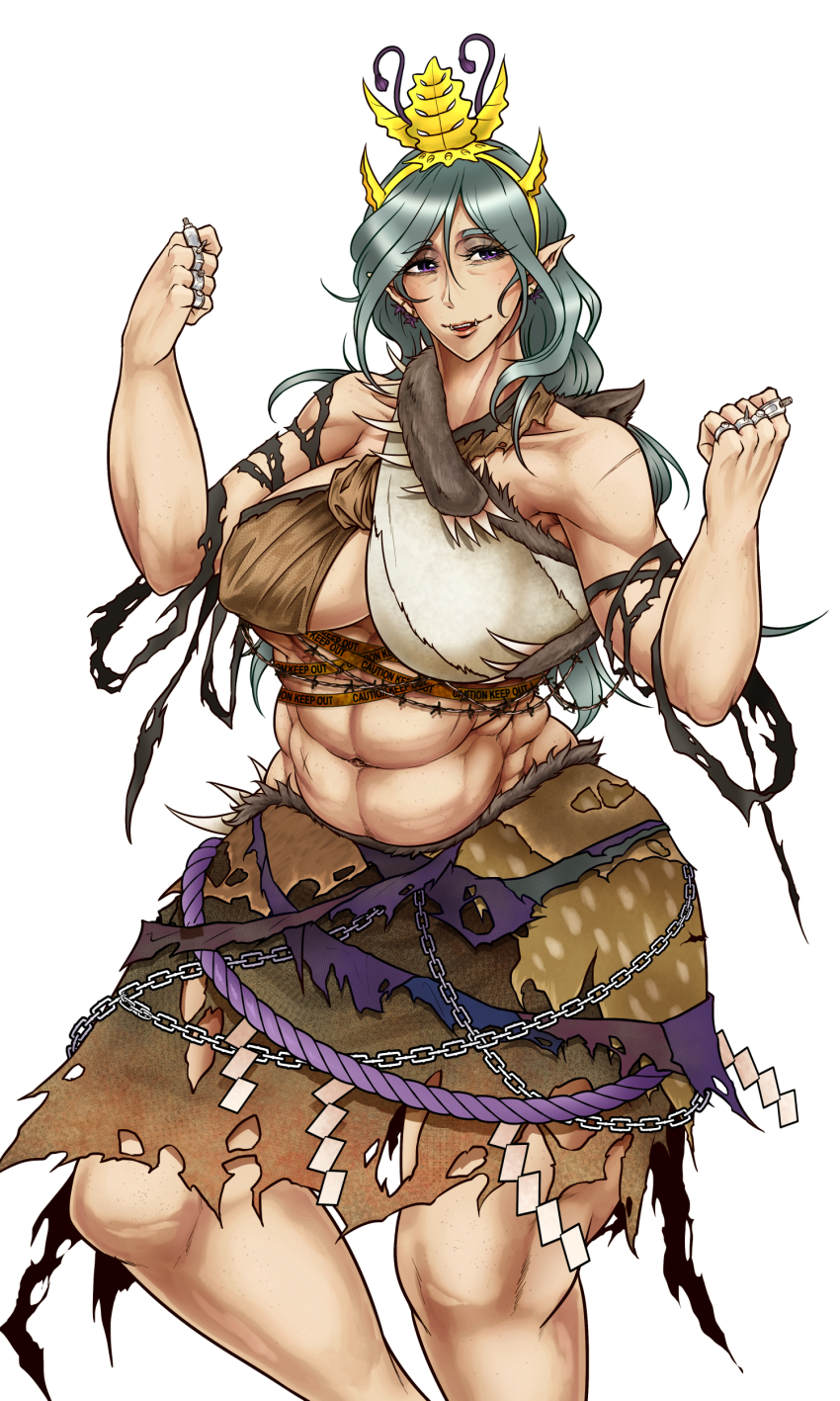 1girl abs absurdres antennae brass_knuckles breasts brown_skirt chain chirizuka_ubame clenched_hands commentary_request criss-cross_halter feet_out_of_frame fossilized_wonders grey_hair halterneck headpiece highres large_breasts long_hair looking_at_viewer midriff muscular muscular_female navel open_mouth pointy_ears purple_eyes rope ryuuichi_(f_dragon) shide shimenawa simple_background skirt smile solo torn_clothes torn_skirt touhou underboob variant_set weapon white_background