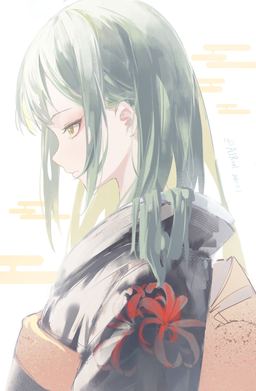 1girl absurdres airool bang_dream! bang_dream!_it&#039;s_mygo!!!!! black_kimono closed_mouth commentary dated egasumi english_commentary floral_print from_side green_hair highres japanese_clothes kimono long_hair obi print_kimono profile sash simple_background solo twitter_username upper_body wakaba_mutsumi white_background yellow_eyes