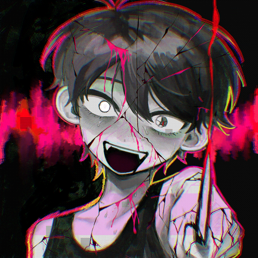 1boy :d bare_arms bare_shoulders black_background black_hair black_mouth black_tank_top chromatic_aberration commentary_request cracked_skin double-parted_bangs fangs foreshortening grey_eyes hair_behind_ear hair_between_eyes head_tilt heterochromia highres holding holding_knife knife looking_at_viewer male_focus no_pupils official_alternate_eye_color omori omori_(omori) open_mouth outline pink_outline portrait rou_(h_s_sinrin) short_hair simple_background smile solo sweat tank_top teeth upper_teeth_only very_short_hair white_eyes wide-eyed
