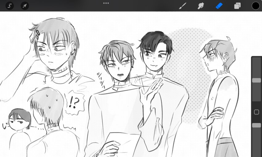 !? 1girl 2boys art_program_in_frame choker ear_piercing greyscale hand_on_own_arm hand_on_own_head highres holding holding_paper ivan_(alien_stage) jitome male_focus monochrome motii multiple_boys neck_tattoo no_shirt paper piercing procreate_(medium) procreate_(software) shirt short_hair sketch sua_(alien_stage) tattoo till_(alien_stage) translation_request very_short_hair