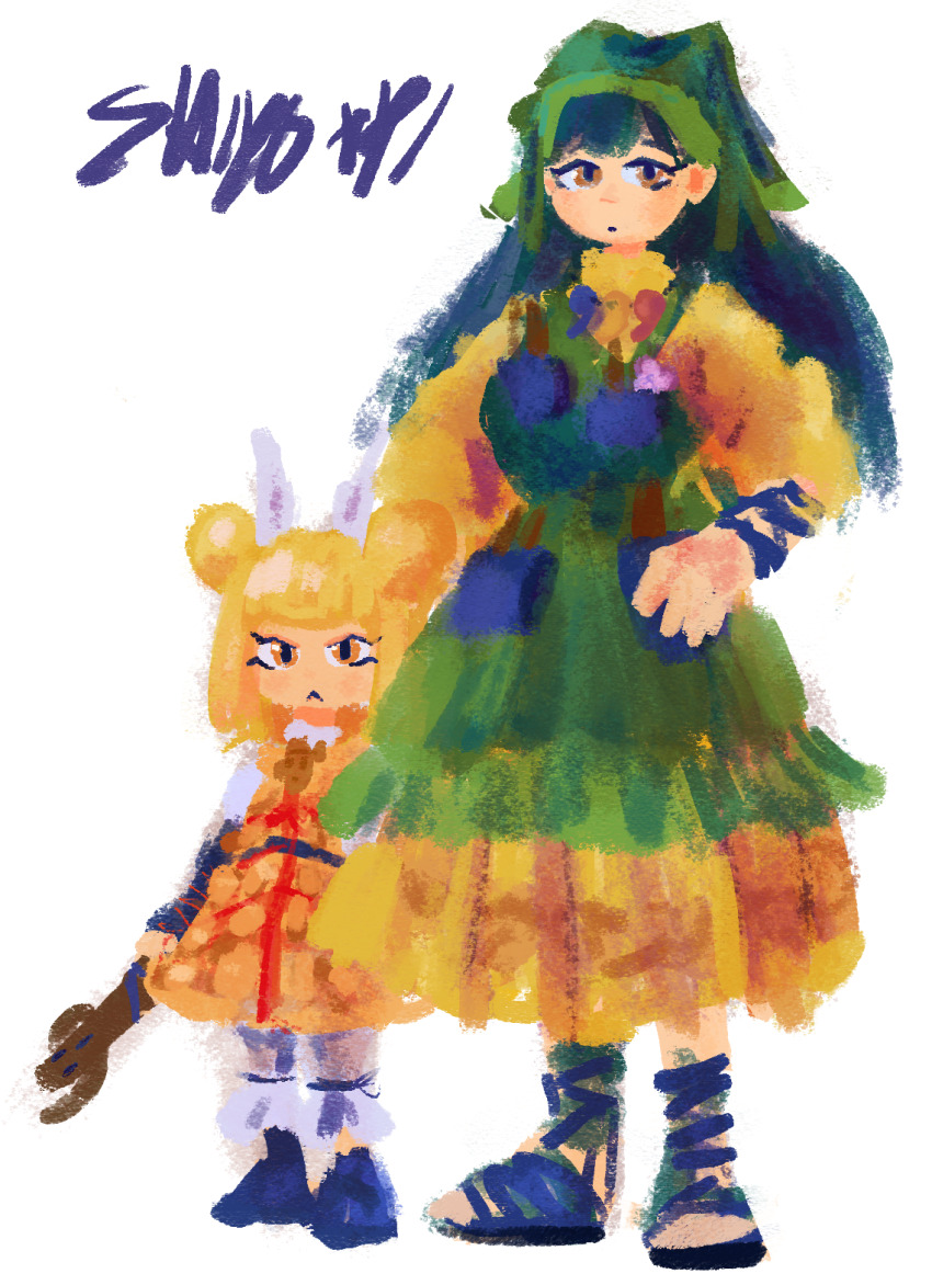 2girls :&lt; apron armor armored_dress blonde_hair blue_hair blunt_bangs brown_eyes closed_mouth double_bun dress full_body green_apron green_headscarf hair_bun hair_ribbon haniyasushin_keiki headscarf highres jewelry joutouguu_mayumi long_hair looking_at_viewer magatama magatama_necklace multiple_girls necklace orange_eyes ribbon sandals shiyo_(u/shiyo) signature simple_background standing tools touhou white_background white_ribbon yellow_dress yellow_sleeves