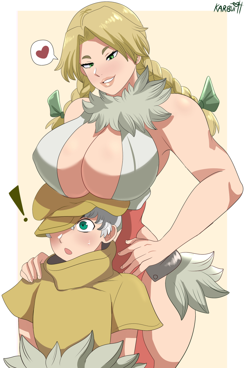 ! 1boy 1girl absurdres blonde_hair bow braid breast_rest breasts breasts_on_head cleavage dr._stone green_eyes hair_bow hanada_nikki hat heart highres karbuitt large_breasts long_hair orange_bow parted_lips saionji_ukyou short_hair signature smile spoken_heart twin_braids upper_body white_hair yellow_hat