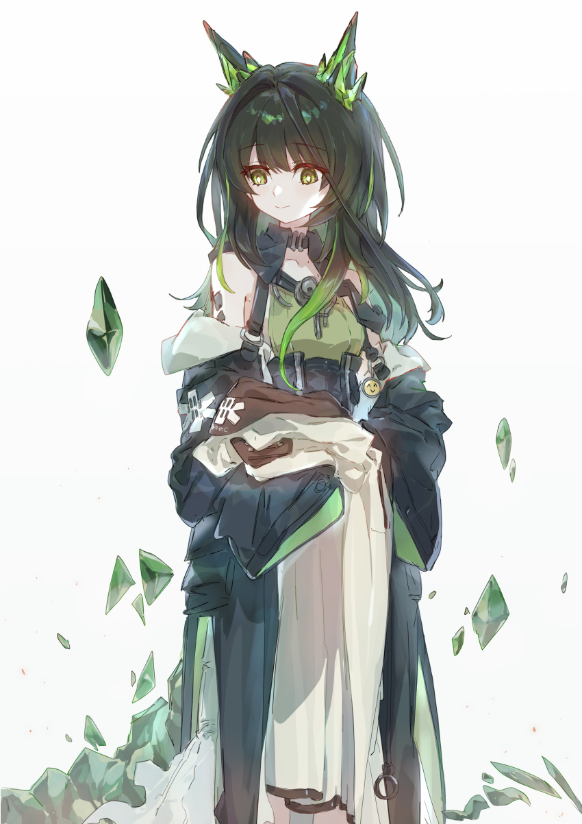 1girl absurdres arknights bare_shoulders black_hair black_jacket commentary dress emoji green_dress green_eyes green_hair highres jacket jacket_partially_removed long_hair material_growth mon3tr_(arknights) multicolored_hair oripathy_lesion_(arknights) sao7 sleeves_past_fingers sleeves_past_wrists solo star_of_life streaked_hair white_background