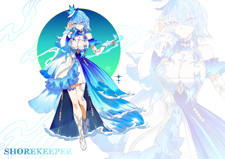1girl absurdres alternate_costume bare_shoulders blue_dress blue_hair blue_nails blue_veil breasts bug butterfly butterfly_hat_ornament butterfly_on_hand character_name cleavage commentary dress english_commentary hand_up hat_ornament high-low_dress high_heels highres insect large_breasts long_dress long_hair looking_at_viewer nail_polish shoes shorekeeper_(wuthering_waves) solo tacet_mark_(wuthering_waves) veil white_background white_dress white_shoes wuthering_waves yun-yang zoom_layer