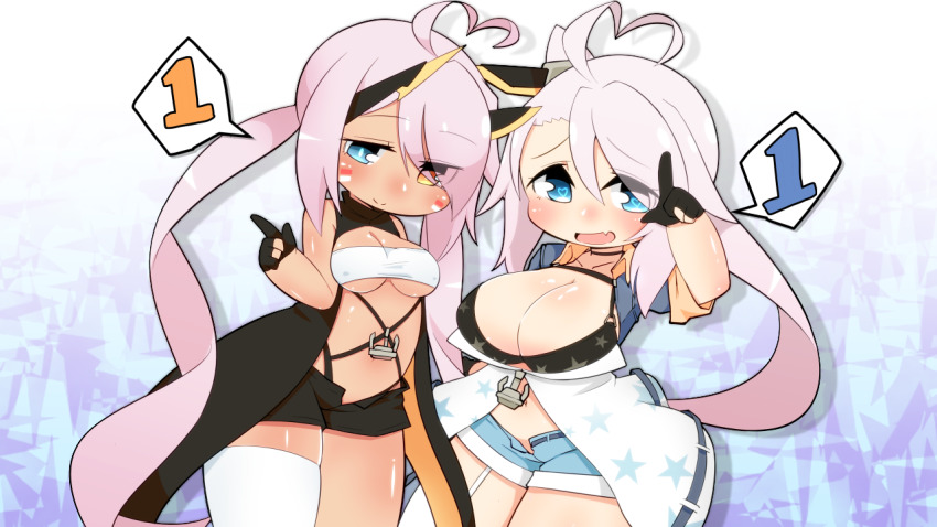 2girls ahoge azur_lane bandeau bikini bikini_top_only black_bikini black_gloves blue_eyes blue_shirt blue_shorts blush breasts cleavage closed_mouth commentary_request cowboy_shot dark-skinned_female dark_skin eyes_visible_through_hair facepaint fang gloves hair_between_eyes heart heart-shaped_pupils heart_ahoge heterochromia horns indianapolis_(azur_lane) large_breasts long_hair looking_at_viewer mechanical_horns medium_breasts midriff multiple_girls navel odabuts open_clothes open_mouth open_shirt partially_fingerless_gloves pink_hair portland_(azur_lane) portland_(retrofit)_(azur_lane) print_bikini retrofit_(azur_lane) shirt shorts siblings side_ponytail single_thighhigh sisters skin_fang smile star_(symbol) star_print swimsuit symbol-shaped_pupils tan thighhighs twintails underboob very_long_hair white_bandeau white_thighhighs yellow_eyes