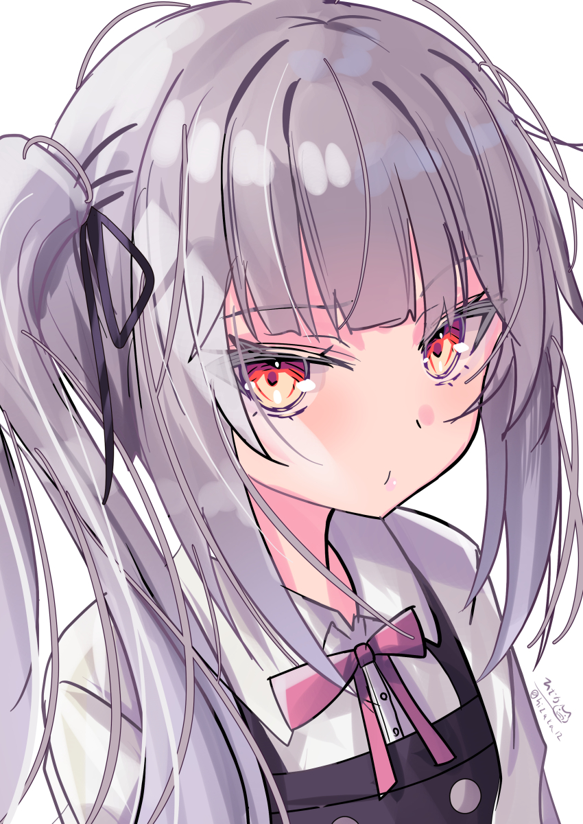 1girl absurdres black_ribbon blush brown_eyes dress grey_hair hair_ribbon highres hizaka kantai_collection kasumi_(kancolle) kasumi_kai_ni_(kancolle) long_hair long_sleeves looking_at_viewer neck_ribbon one-hour_drawing_challenge pinafore_dress red_ribbon ribbon school_uniform shirt side_ponytail signature simple_background sleeveless sleeveless_dress solo twitter_username upper_body white_background white_shirt