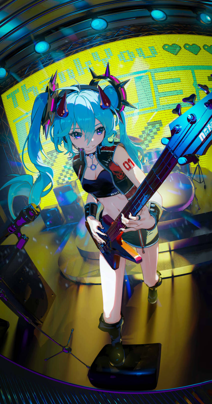 1girl absurdres aqua_hair black_boots black_nails black_shirt black_skirt blue_eyes blue_hair boots bracer breasts chinese_commentary cleavage collar crop_top cropped_jacket electric_guitar emo_qianzi guitar hair_between_eyes hair_ornament hatsune_miku highres horns instrument jacket jewelry knee_boots leather_skirt long_hair medium_breasts midriff miniskirt music open_clothes open_jacket pencil_skirt playing_instrument ring shirt skirt sleeveless sleeveless_jacket smile solo spiked_collar spiked_hair_ornament spikes stage twintails very_long_hair vocaloid zipper_skirt