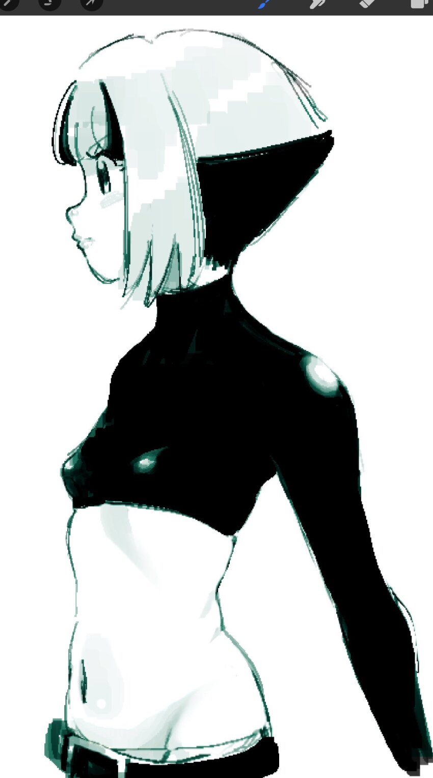 1girl art_program_in_frame belt belt_buckle breasts buckle crop_top from_side gardenia_(pokemon) groin highres hip_bones long_sleeves midriff monochrome multicolored_hair navel nintendo pie_(aipiepo) pokemon pokemon_dppt small_breasts solo two-tone_hair upper_body