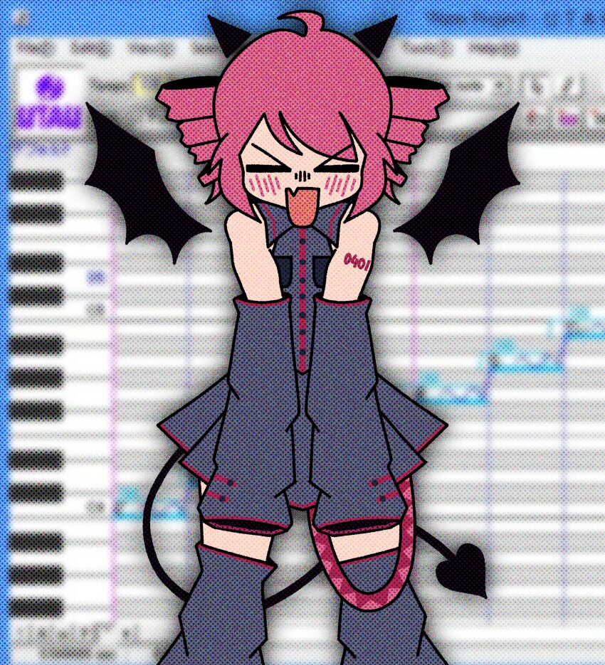&gt;_&lt; 1girl absurdres ahoge black_shirt black_skirt black_thighhighs black_wings blurry blurry_background blush closed_eyes collared_shirt cowboy_shot cryptidhermit demon_horns demon_tail demon_wings detached_sleeves detached_wings drill_hair facing_viewer fang highres horns icon_(computing) instrument kasane_teto kasane_teto_(utau) keyboard_(instrument) red_hair shirt shoulder_tattoo skin_fang skirt sleeves_past_fingers sleeves_past_wrists solo tail tattoo thighhighs twin_drills utau window_(computing) wings