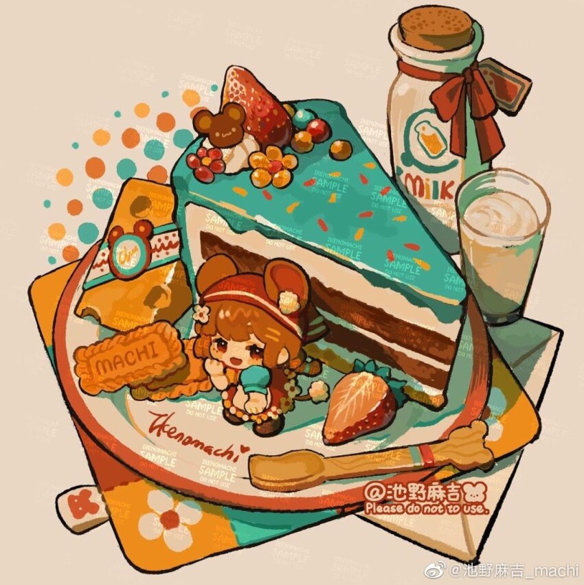 1girl animal_ear_fluff animal_ears apron aqua_bow aqua_sleeves blunt_bangs blush_stickers bottle bow braid brown_eyes brown_hair brown_shoes cake cake_slice candy cheese chibi commission cookie cork cup dress dress_flower dress_shoes drinking_glass ears_through_headwear envelope eyelashes flower food food_focus fruit grey_background hair_bow hair_flower hair_ornament halftone halftone_background hand_on_lap hand_on_own_cheek hand_on_own_face happy headscarf jelly_bean long_dress long_hair looking_at_viewer low_twin_braids machi_nailao_bao military_uniform milk_bottle mini_person minigirl mouse_ears mouse_girl mouse_tail napkin open_mouth original plate puffy_short_sleeves puffy_sleeves red_bow red_dress red_headscarf sample_watermark shadow shoes short_sleeves smile solo spoon sprinkles standing strawberry strawberry_slice tail twin_braids watermark watermark_grid weibo_watermark white_apron white_flower yellow_flower
