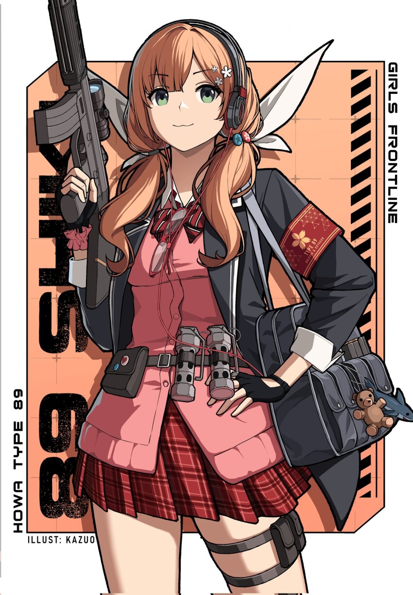 1girl :3 armband assault_rifle bag bag_charm black_gloves black_jacket bow bowtie brown_hair charm_(object) cherry_blossoms fingerless_gloves flashbang girls&#039;_frontline glasses gloves green_eyes gun hair_ornament hand_on_own_hip highres howa_type_89 howa_type_89_(girls&#039;_frontline) jacket kazuodum looking_at_viewer open_clothes open_jacket pink_shirt red-framed_eyewear red_armband red_bow red_bowtie red_skirt rifle school_uniform shark shirt shoulder_bag skirt smile solo stuffed_animal stuffed_toy teddy_bear thighs twintails unworn_eyewear weapon