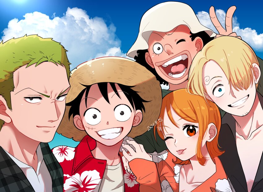 1girl 4boys black_eyes black_hair blonde_hair blue_eyes blue_sky bunny_ears_prank cloud collarbone commentary facial_scar floral_print green_hair grin hair_over_one_eye hashtag-only_commentary hat highres monkey_d._luffy mugicha_(zoro1132) multiple_boys nami_(one_piece) one_piece orange_hair photo-referenced red_eyes roronoa_zoro sanji_(one_piece) scar scar_on_cheek scar_on_face sky sleeves_past_wrists smile sun_hat tongue tongue_out usopp v white_hat