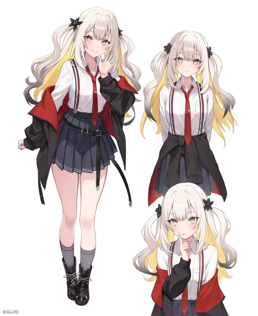 1girl absurdres black_jacket blush breasts collared_shirt fate/grand_order fate_(series) flower full_body gradient_hair grey_hair grey_skirt grin hair_flower hair_ornament highres jacket long_hair long_sleeves looking_at_viewer marie_antoinette_(fate) marie_antoinette_alter_(fate) medium_breasts multicolored_hair multicolored_jacket multiple_views nagine necktie off_shoulder pseudo-tokyo_school_uniform red_jacket school_uniform shirt sidelocks skirt smile socks suspender_skirt suspenders thighs two-tone_jacket white_hair white_shirt yellow_eyes