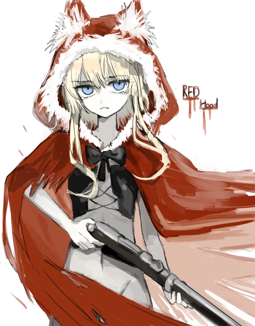 1984_(cw1000110) 1girl animal_ears bandeau black_bandeau black_souls black_souls_2 blonde_hair blood blue_eyes bottomless cape closed_mouth fur-trimmed_hood fur_trim gun highres holding holding_weapon hood hood_up hooded_cape long_hair looking_at_viewer red_cape red_hood_(black_souls) shotgun sidelocks simple_background solo weapon white_background wolf_ears