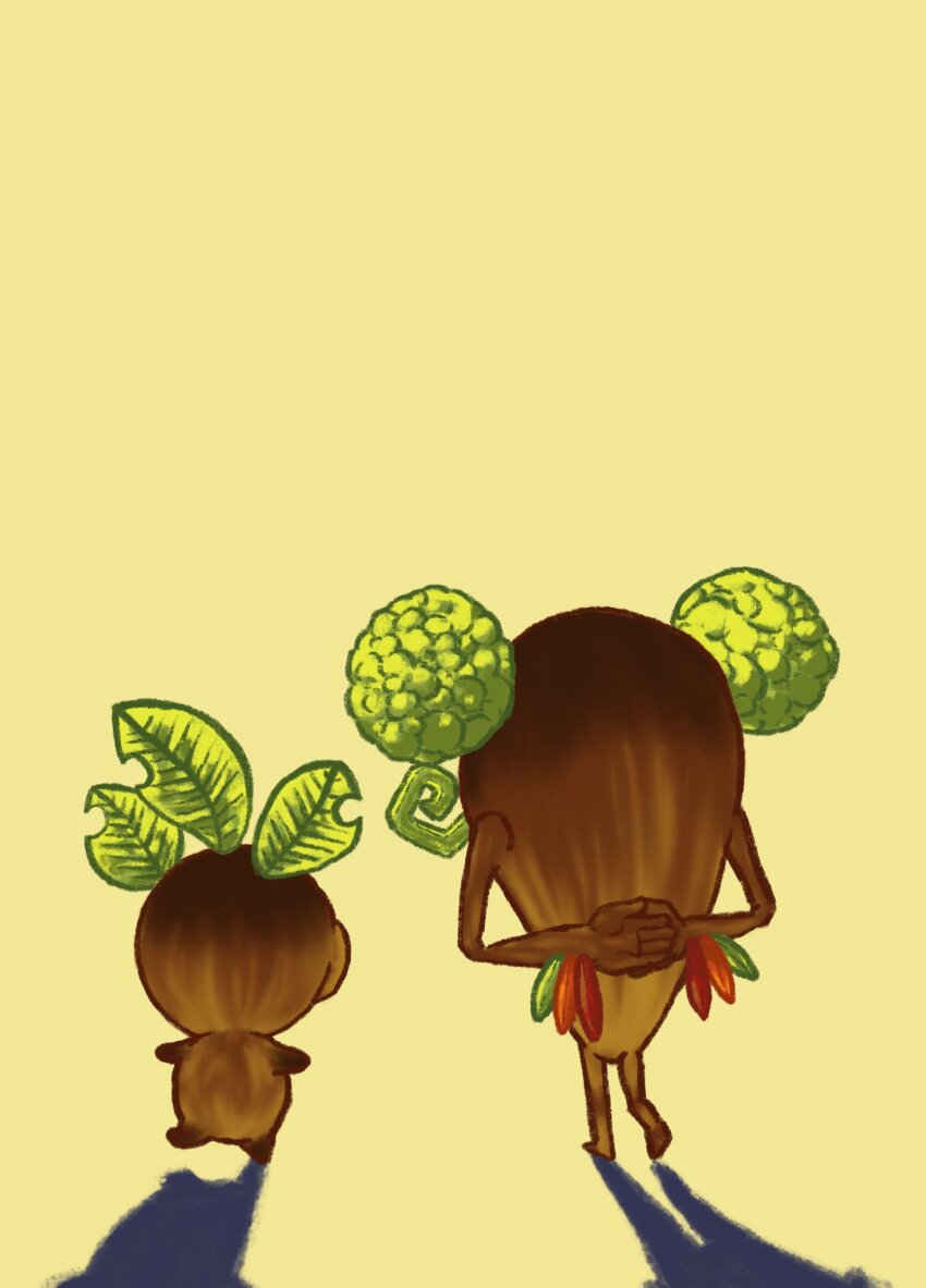 2boys arms_behind_back deku_butler deku_butler&#039;s_son deku_scrub facial_hair father_and_son full_body highres leaf mirandacrossin multiple_boys mustache nintendo shadow the_legend_of_zelda the_legend_of_zelda:_majora&#039;s_mask walking yellow_background