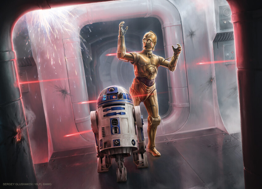 1boy 1other absurdres artist_name astromech_droid c-3po gold highres indoors laser r2-d2 robot sergey_glushakov spacecraft_interior star_wars star_wars_legion