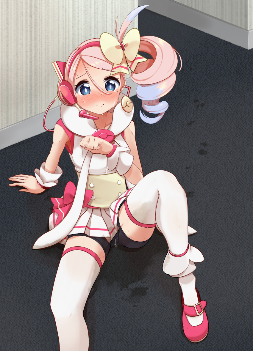 1girl absurdres arm_support asymmetrical_hair bare_shoulders bike_shorts blue_eyes blue_hair blush bow breasts bright_pupils clenched_hand closed_mouth collarbone drill_hair earpiece embarrassed female_focus hair_between_eyes hair_bow hand_up highres indoors knee_up leaning_back long_hair looking_at_viewer miniskirt mizuumi_(expanse_lake) mole mole_under_eye multicolored_hair nintendo nose_blush on_floor panties_under_bike_shorts pee peeing peeing_self pink_bow pink_hair pink_shoes pink_trim pleated_skirt poke_ball_symbol poke_ball_theme pokemon pokemon_bw2 puddle raised_eyebrows shirt shoes sitting skirt sleeveless sleeveless_shirt small_breasts solo split_mouth spread_legs sweat swept_bangs tears thighhighs two-tone_hair white_pupils white_shirt white_thighhighs wrist_cuffs yancy_(pokemon) yellow_bow