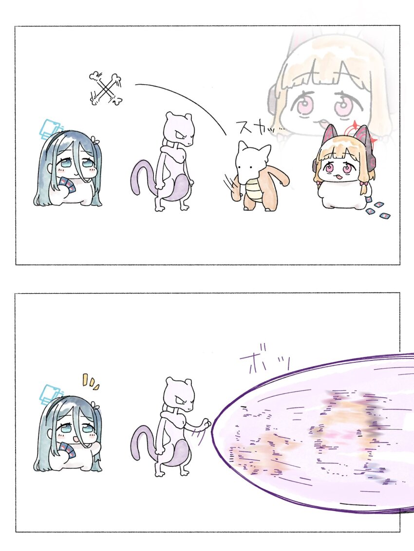 2girls animal_ear_headphones animal_ears aris_(blue_archive) blonde_hair blue_archive blue_eyes bone card cat_ear_headphones chibi closed_mouth fake_animal_ears gen_1_pokemon hair_between_eyes hair_ornament halo headphones highres laser legendary_pokemon long_hair marowak medium_hair mewtwo momoi_(blue_archive) multiple_girls nintendo pokemon pokemon_(creature) sakano_akr standing tail throwing very_long_hair white_background