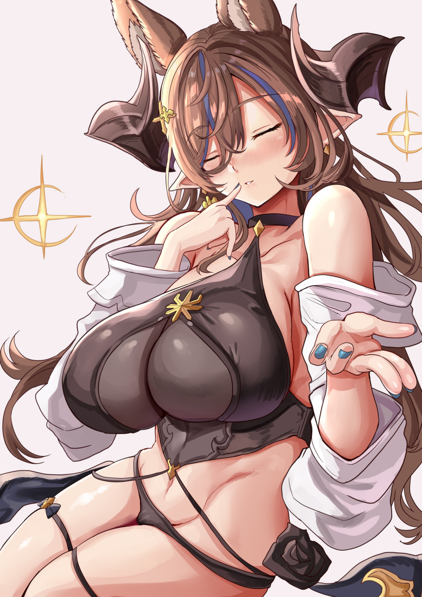 1girl animal_ears bare_shoulders black_panties blue_hair blue_nails blush breasts brown_hair brown_horns closed_eyes commentary_request cross_hair_ornament erune galleon_(granblue_fantasy) granblue_fantasy hair_between_eyes hair_ornament halterneck highres himuro_shunsuke horns large_breasts long_sleeves multicolored_hair nail_polish official_art panties parted_lips pointy_ears simple_background smile solo streaked_hair thigh_strap thighs underwear white_background