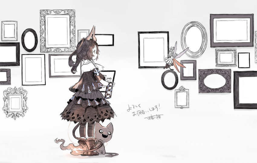 2girls artist_name black_dress boots commentary_request detached_sleeves dress dulyn fairy full_body holding horns mea_(ta_ga_tame_no_alchemist) multiple_girls official_art phantom_of_the_kill picture_frame profile second-party_source signature standing strapless strapless_dress ta_ga_tame_no_alchemist two_side_up watarubou