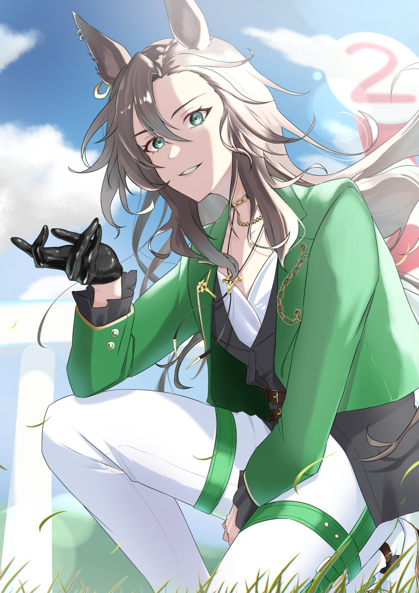 1girl absurdres animal_ear_piercing animal_ears black_gloves bolo_tie brown_hair commentary_request frilled_sleeves frills gloves green_eyes green_jacket grin hair_between_eyes highres horse_ears horse_girl horse_racing_track jacket lapel_chain long_hair long_sleeves minori_(k_913_l) open_clothes open_jacket panties shoes sidelocks single_glove single_hair_intake smile solo speed_symboli_(umamusume) squatting thigh_strap umamusume underwear white_panties white_shoes