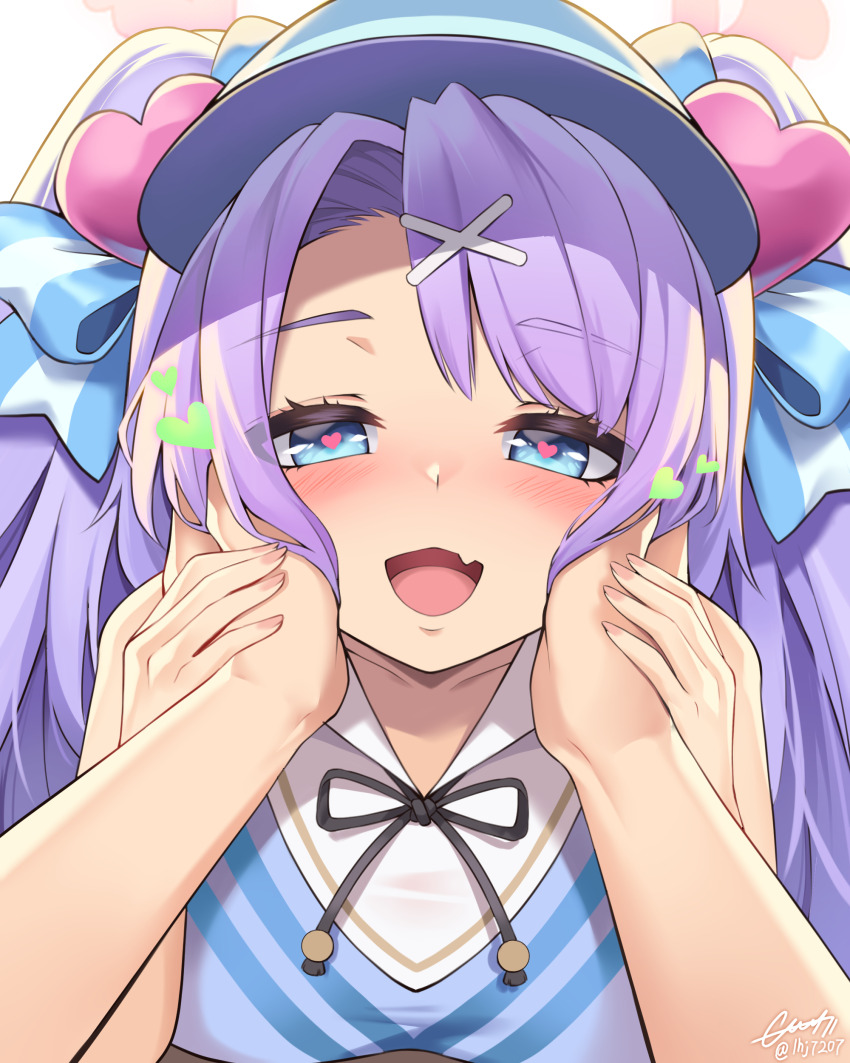 1girl 1other :d absurdres bloody0rabby blue_archive blue_eyes blush breasts commentary_request dated fang fingernails hair_ornament hanae_(blue_archive) hanae_(cheer_squad)_(blue_archive) hands_on_another&#039;s_cheeks hands_on_another&#039;s_face heart heart-shaped_pupils highres large_breasts long_hair looking_at_viewer official_alternate_costume open_mouth pov purple_hair signature skin_fang smile solo_focus symbol-shaped_pupils visor_cap x_hair_ornament