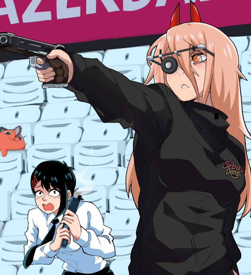 2024_summer_olympics 2girls absurdres black_eyes black_hair black_jacket black_necktie chainsaw_man gun handgun higashiyama_kobeni highres holding holding_gun holding_weapon horns jacket kim_yeji long_hair long_sleeves multiple_girls necktie olympics orange_eyes orange_hair pochita_(chainsaw_man) power_(chainsaw_man) sebasdono shirt upper_body weapon white_shirt