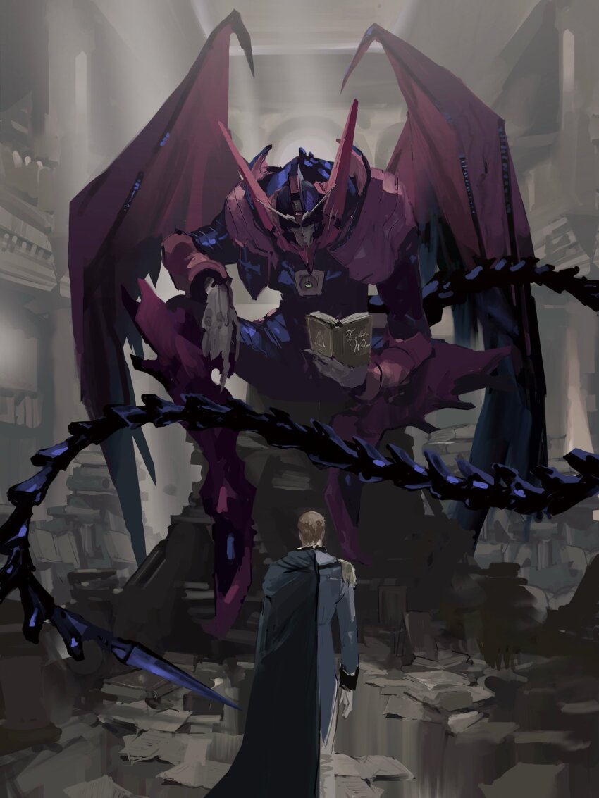 1boy arm_at_side black_cape blue_coat book book_stack brown_hair cape coat commentary_request demon_tail demon_wings epaulettes facing_away feet_out_of_frame from_behind gloves gundam gundam_epyon gundam_wing highres holding holding_book indoors library long_sleeves mecha mecha_focus mechanical_tail military_uniform mobile_suit open_book pants rintaro_komori robot science_fiction short_hair sitting standing tail treize_khushrenada v-fin white_gloves white_pants wings