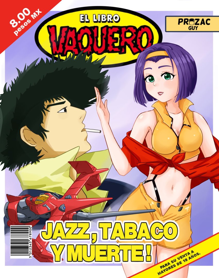 1boy 1girl barcode breasts cigarette cowboy_bebop el_libro_vaquero faye_valentine highres medium_breasts mexico navel parody prozac_guy purple_hair science_fiction spanish_text spike_spiegel swordfish_ii