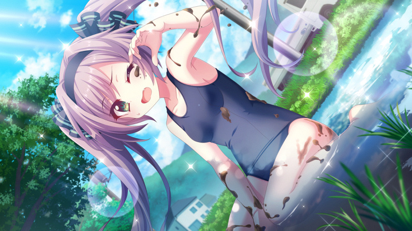 1girl armpits barefoot blue_one-piece_swimsuit blue_sky breasts cloud collarbone day dirty dirty_clothes dirty_face dot_nose dutch_angle fang film_grain flatbed_truck game_cg green_eyes hairband hand_up house izumi_tsubasu kei_truck lens_flare long_hair misaki_sango motor_vehicle mud non-web_source official_art one-piece_swimsuit one_eye_closed open_mouth outdoors partially_submerged purple_hair purple_hairband re:stage! rice_paddy school_swimsuit sitting sky small_breasts solo sparkle splashing sunlight swept_bangs swimsuit tree truck twintails utility_pole very_long_hair wariza