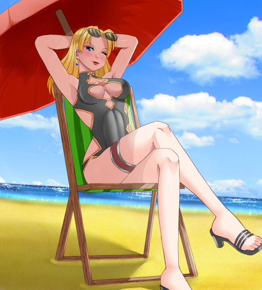 1girl arms_behind_head beach black_sandals blonde_hair blue_eyes blue_sky breasts chair cleavage cloud crossed_legs earrings feet female_focus fire_emblem fire_emblem:_the_sacred_stones fire_emblem_heroes high_heel_sandals high_heels highres jewelry medium_breasts medium_hair nintendo ocean official_alternate_costume one-piece_swimsuit one_eye_closed parted_bangs razorkun red_lips sandals selena_(fire_emblem:_the_sacred_stones) selena_(summer)_(fire_emblem:_the_sacred_stones) shade sitting sky smile solo sunglasses sunglasses_on_head swimsuit thigh_strap toes umbrella water wink